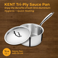 KENT Tri-Ply Sauce Pan with SS Lid 16cm